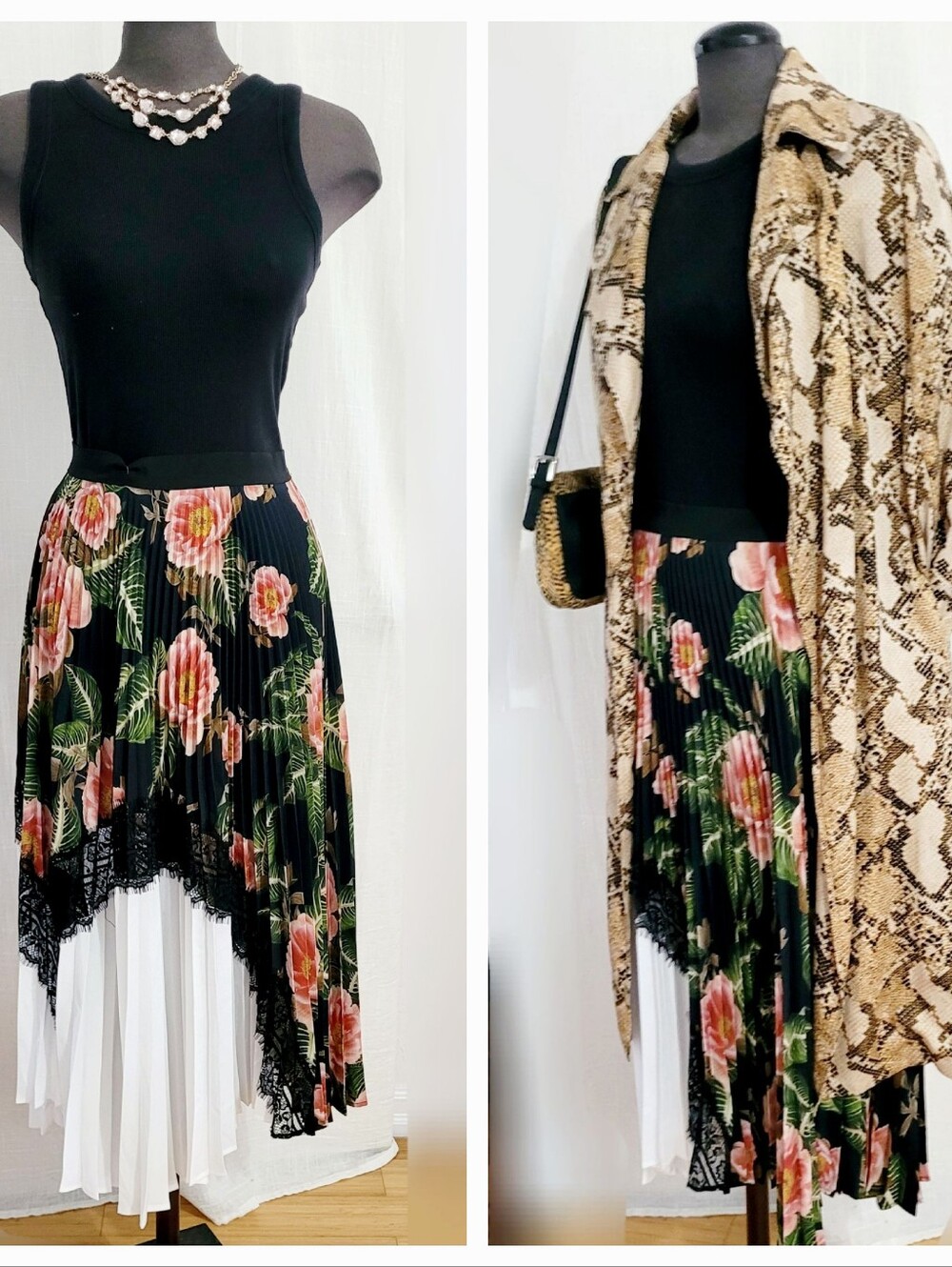 Floral Pleated Asymmetric Midi Skirt